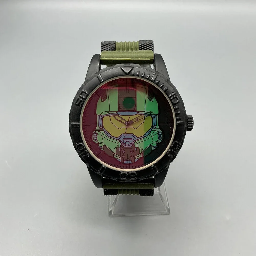 Accutime Halo 5 Guardians Mens Watch 51mm Helmet Green Silicone New Battery